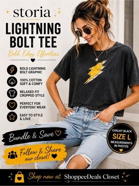 Storia Washed Black Lightning Bolt Graphic Tee – Women’s Size Large